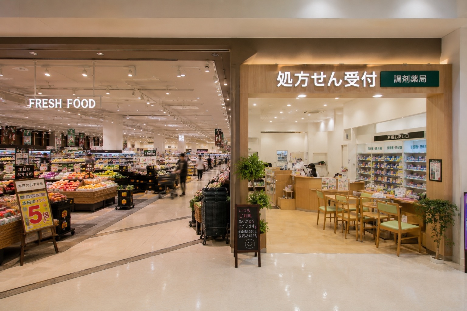 生鮮売場のとなりに調剤薬局が並ぶスーパーマーケットの店内（イメージ）
